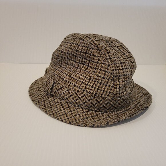 Vintage Scala Houndstooth Tweed Fedora Hat Wool Size Medium Beige Dark Brown - Picture 1 of 11